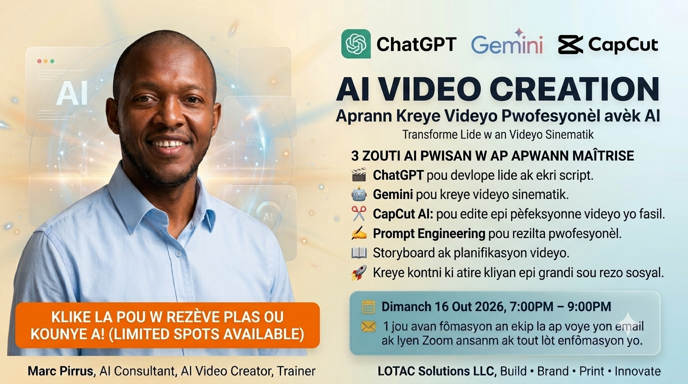 AI Video Creation workshop with Marc Pirrus — learn ChatGPT, Gemini, and CapCut AI. Sunday August 16, 2026, 7:00PM–9:00PM.